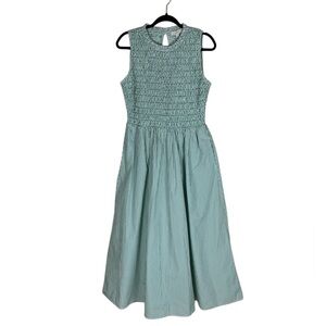 Women's Loft Green White Striped Sleeveless Smocked Top Cotton Maxi Dress Size M